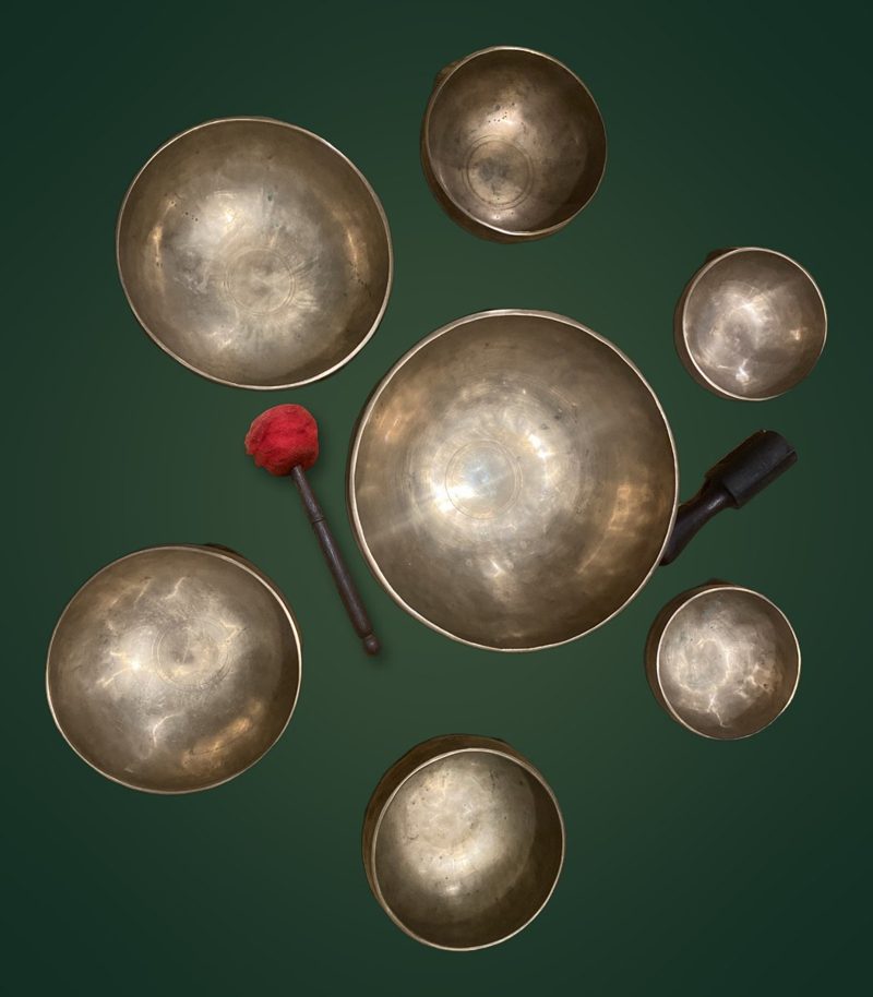 My singing bowls laid out from above, with two mallets